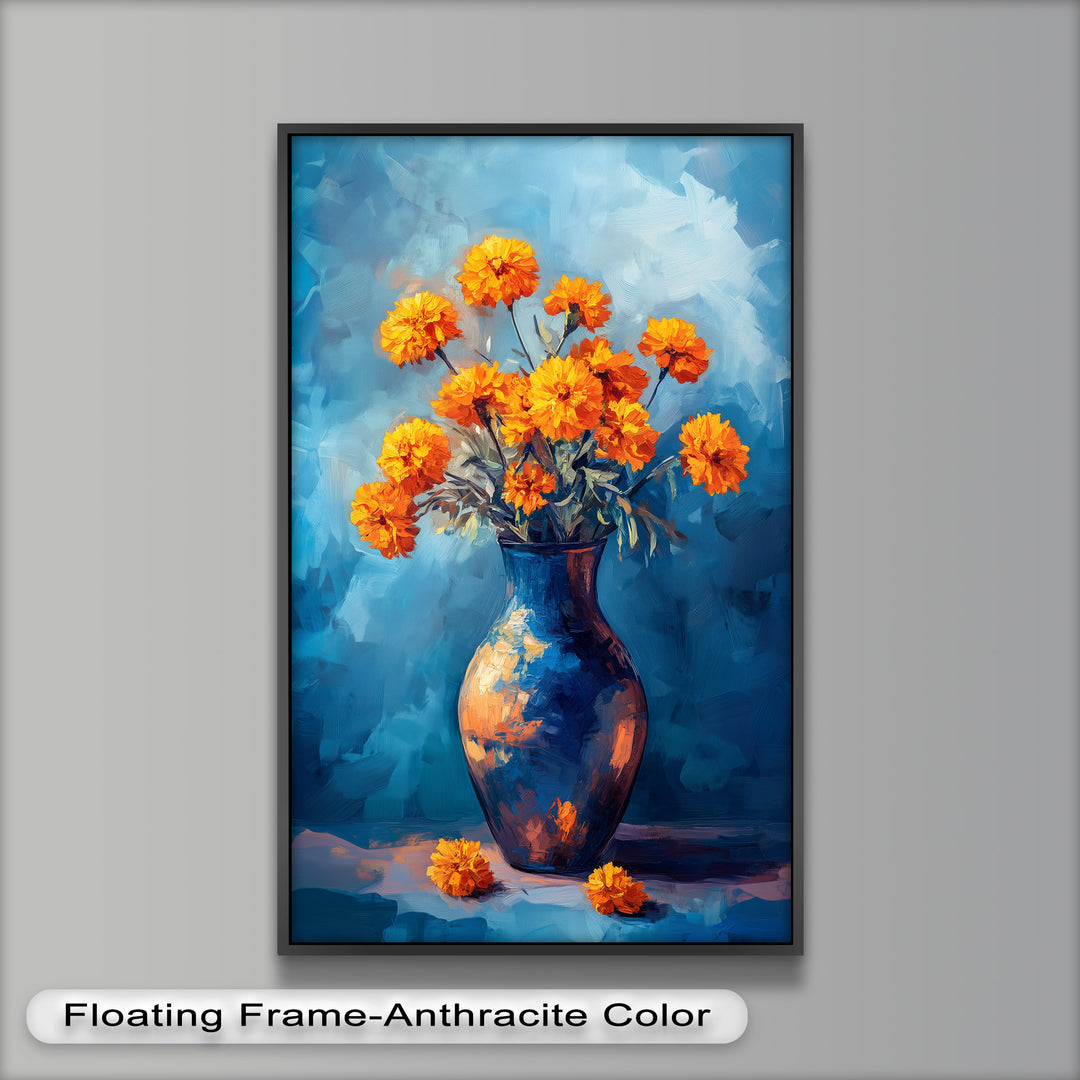Golden Marigolds in Midnight Blue – Flower Oil Painting
