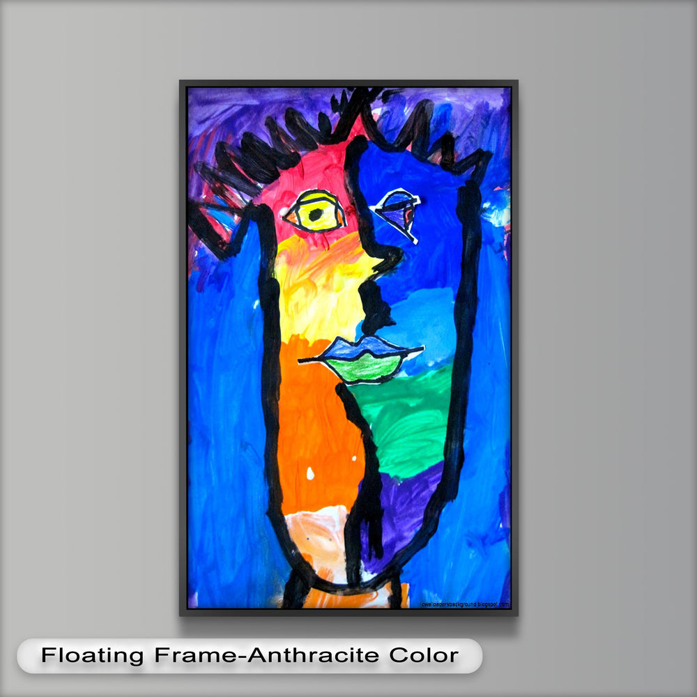 A playful, expressive portrait in a cubist style, featuring mismatched eyes and a rainbow palette of bright colors.