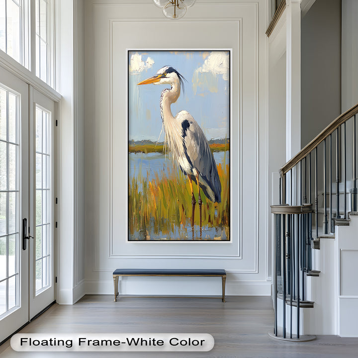 Heron in Sunlit Wetlands - Animal Oil Painting