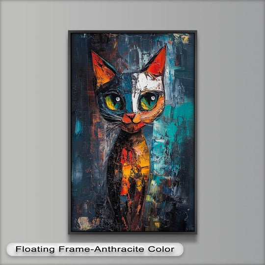 The realistic detail captures the vibrant brushstrokes and nuanced textures of this abstract cat portrait, a piece of modern oil painting art with neon hues and cosmic eyes.