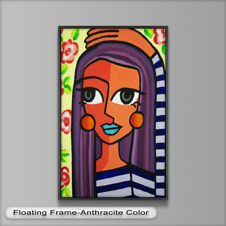 Striped Radiance – Playful Woman with Purple Hair Picasso Oil Painting