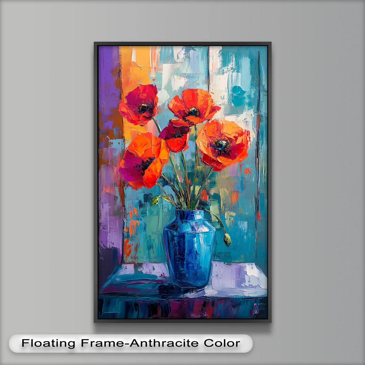 Black floating edges define the bold Crimson Blooms – Poppy Flower oil painting art piece, creating a gallery-wrapped canvas look for this floral artwork.