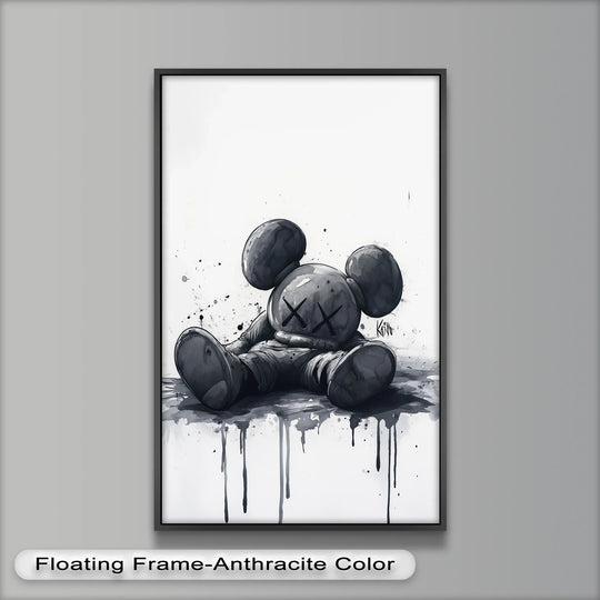 Muted color saturation enhances the emotive depth of this fallen silence monochrome KAWS oil painting, a unique addition to your oil painting art prints collection.