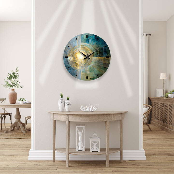 Teal and Gold Glass Wall Clock – Abstract Geometric Art