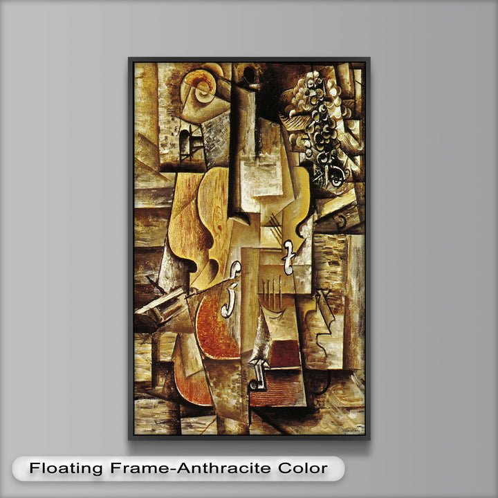 A richly textured cubist artwork showcasing a violin and fruit in muted browns and ochres, evoking musical harmony and depth.