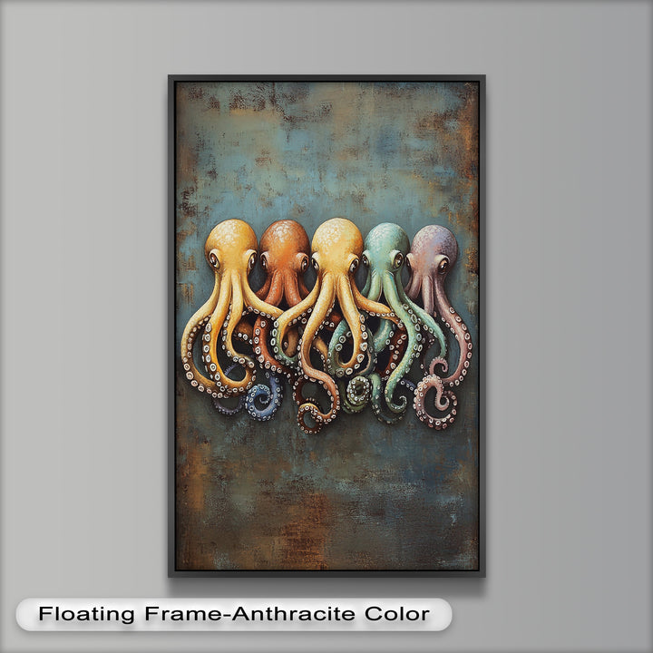 Whimsical Row of Octopuses – Colorful Sea Life Animal Oil Painting