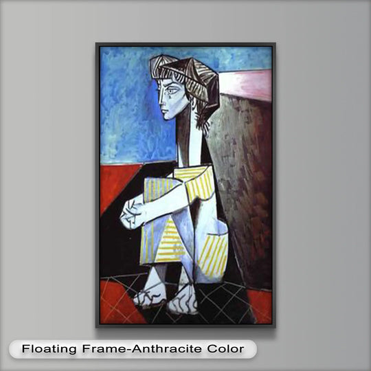 Exploring depth and layers, this striking Picasso oil painting art prints presents a seated boy with striped garments, showcasing cubist layers of form and emotion.