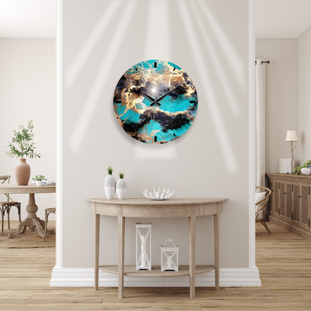 Turquoise and Gold Glass Wall Clock – Abstract Marble Decor
