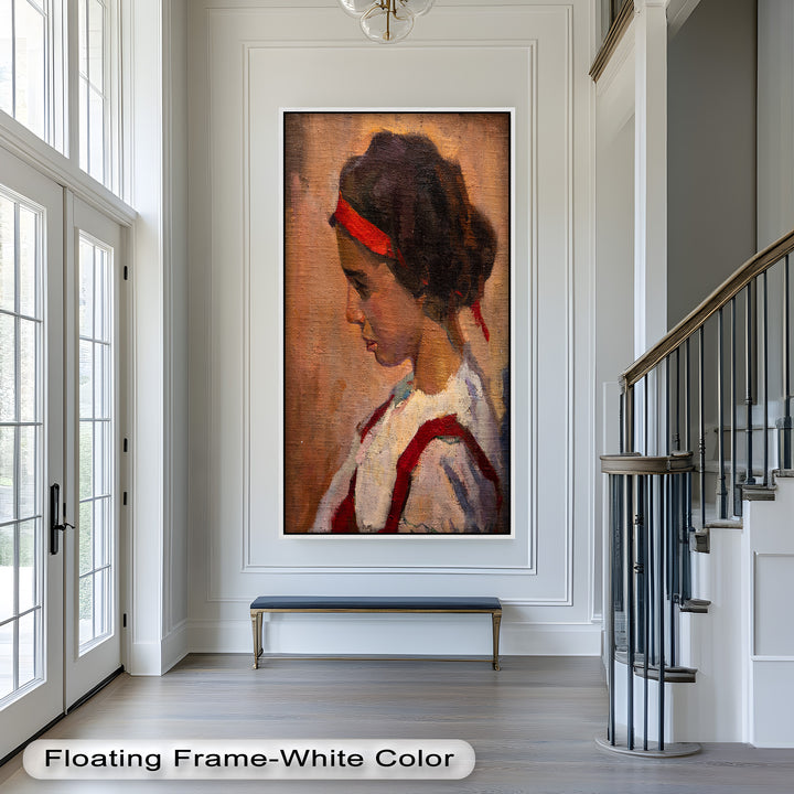 Crimson Reverie – Side Portrait of a Girl in Red Headband Oil Painting