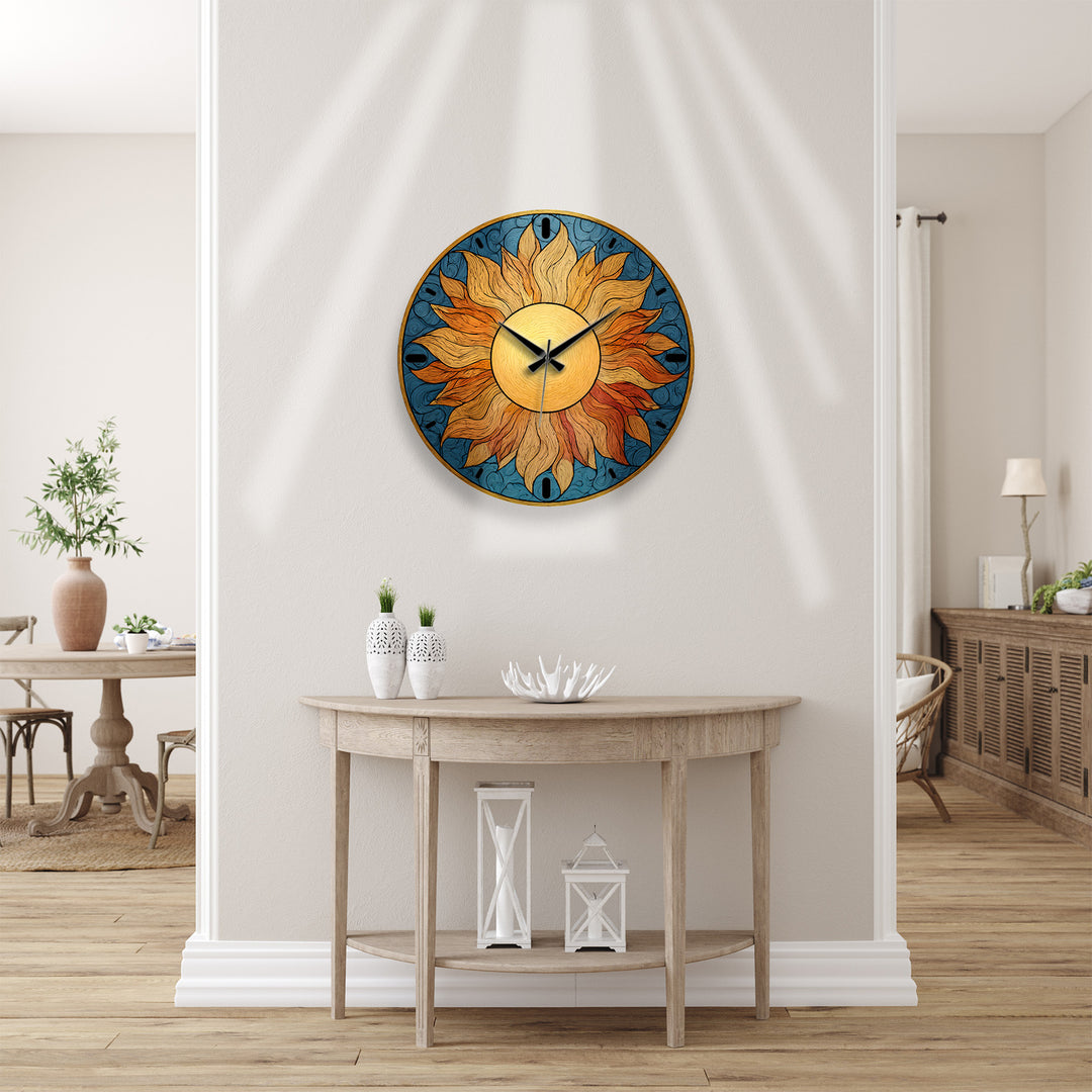 Boho Sun Glass Wall Clock – Golden Sunburst Decor