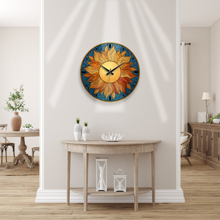 Boho Sun Glass Wall Clock – Golden Sunburst Decor