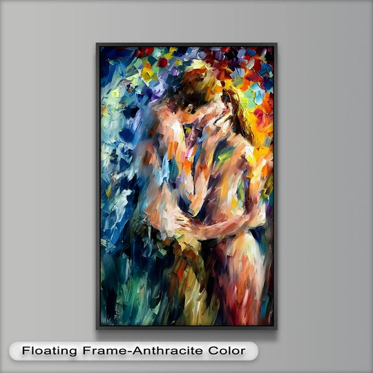 The focal point of this oil painting artwork reveals an ethereal embrace, capturing the passionate abstract lovers in a burst of color and vivid hues.