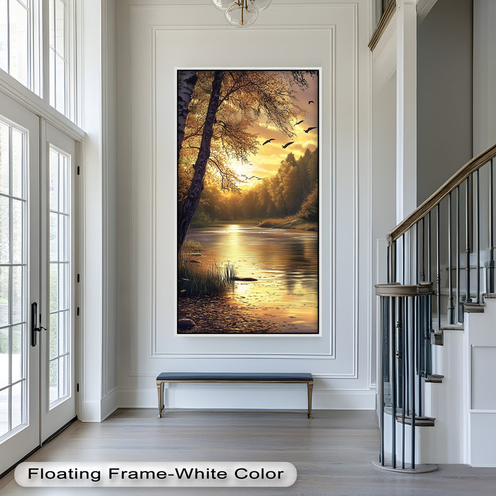 Ölgemälde einer herbstlichen Flusslandschaft – Sonnenuntergangs-Wandkunst
