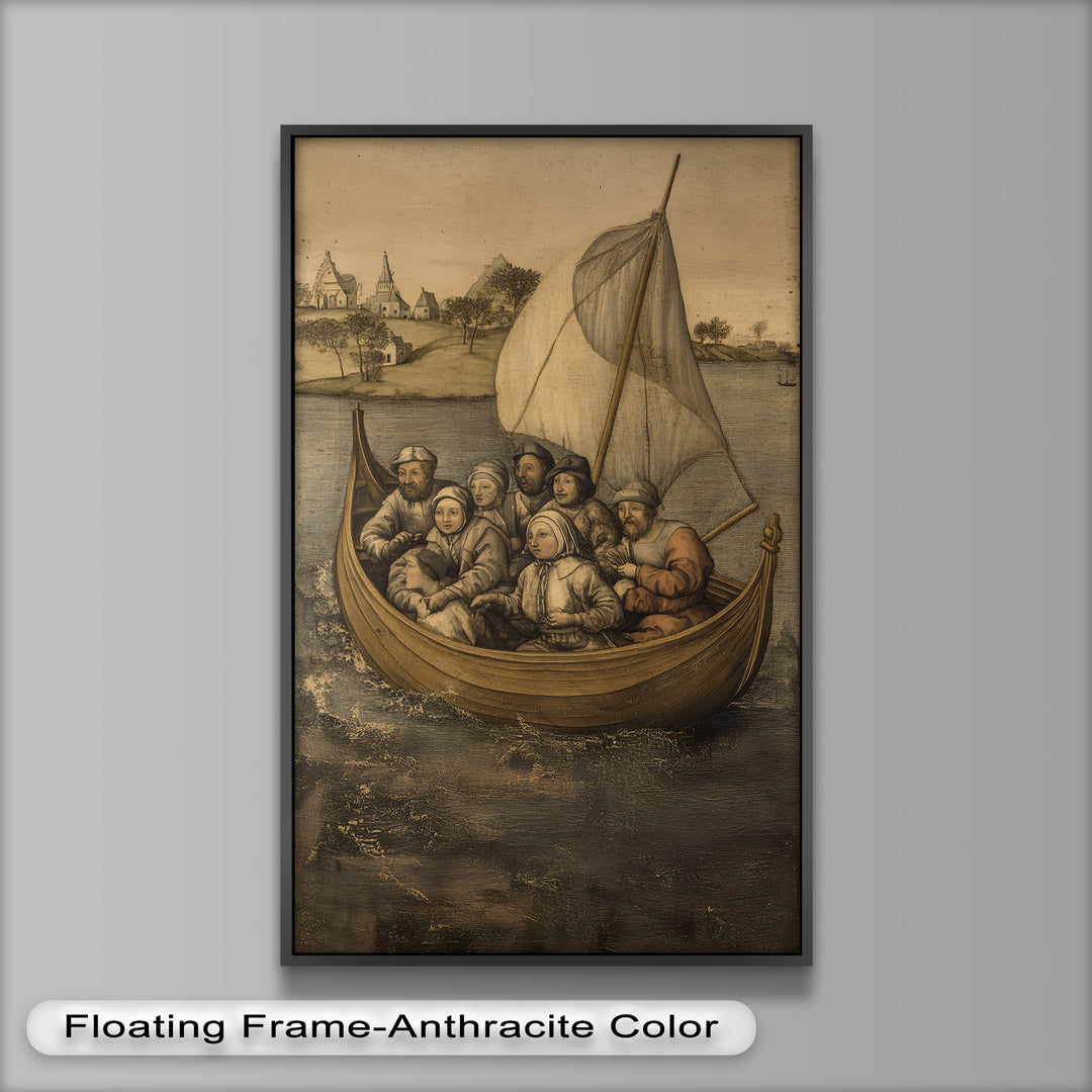 Medieval Sailors in Wooden Vessel - Historic Oil Painting