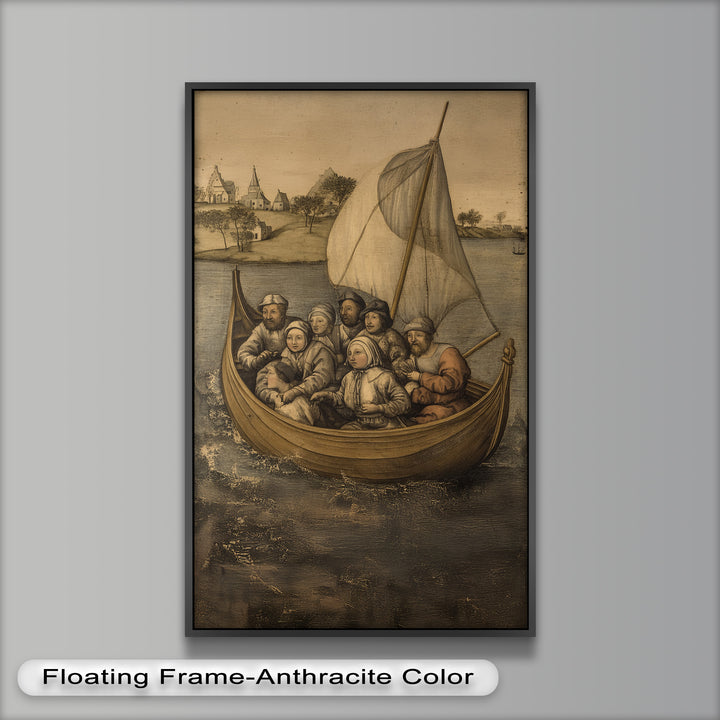 Medieval Sailors in Wooden Vessel - Historic Oil Painting