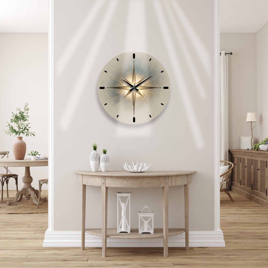 Gold Compass Rose Glass Wall Clock – Elegant Nautical Decor