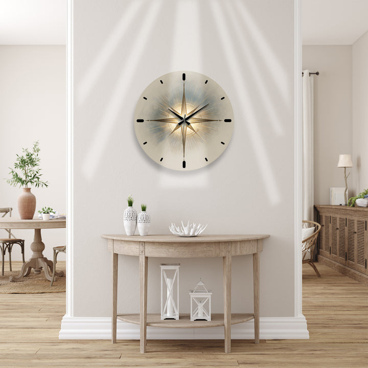 Gold Compass Rose Glass Wall Clock – Elegant Nautical Decor
