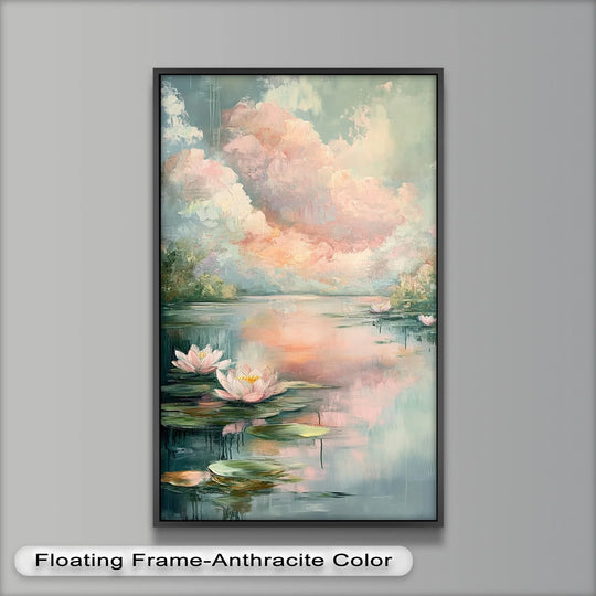 Grey negative space surrounds a framed oil painting decoration depicting pastel water lilies in a tranquil lake, emphasizing the serene beauty of the artwork.