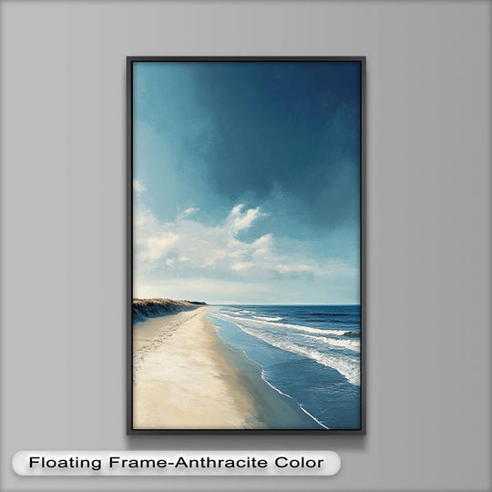 Framed negative space highlights the vast expanse of the sky above the tranquil shoreline in this serene coastal abstract oil painting wall art, creating a calming visual effect.