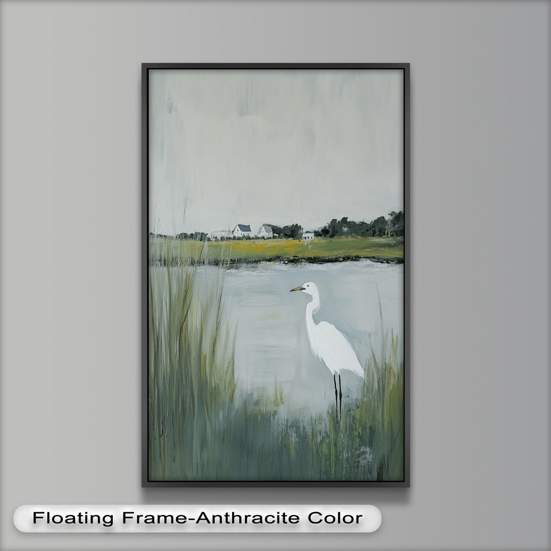 Egret by the Marsh – Minimalist Landscape Oil Painting