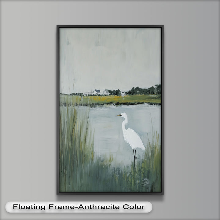 Egret by the Marsh – Minimalist Landscape Oil Painting