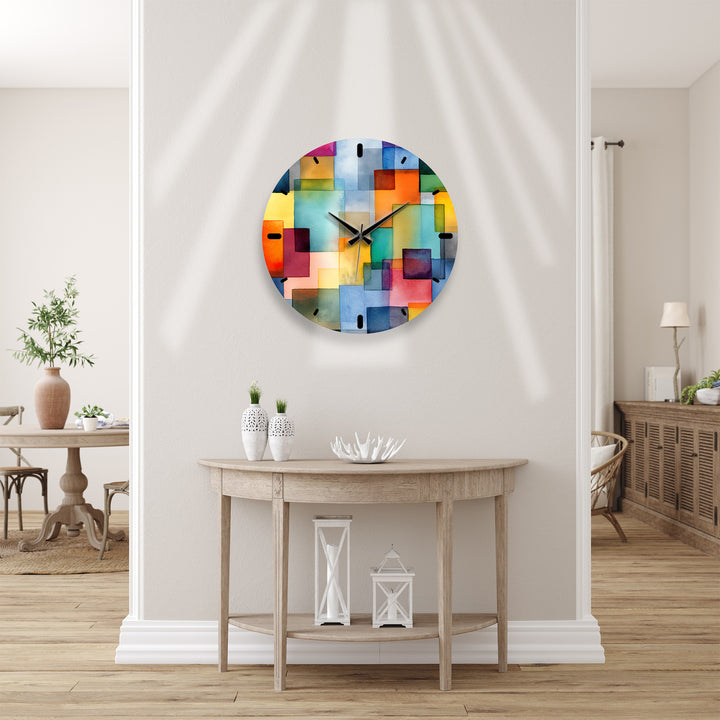 Colorful Geometric Glass Wall Clock – Abstract Color Block Art