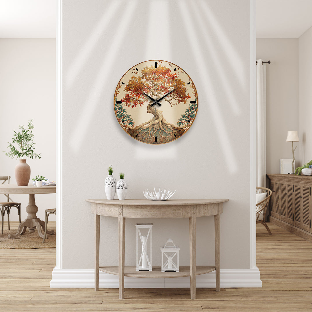 Autumn Tree of Life Glass Wall Clock – Rustic Fall Decor