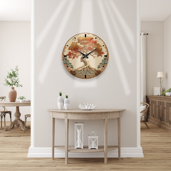 Autumn Tree of Life Glass Wall Clock – Rustic Fall Decor