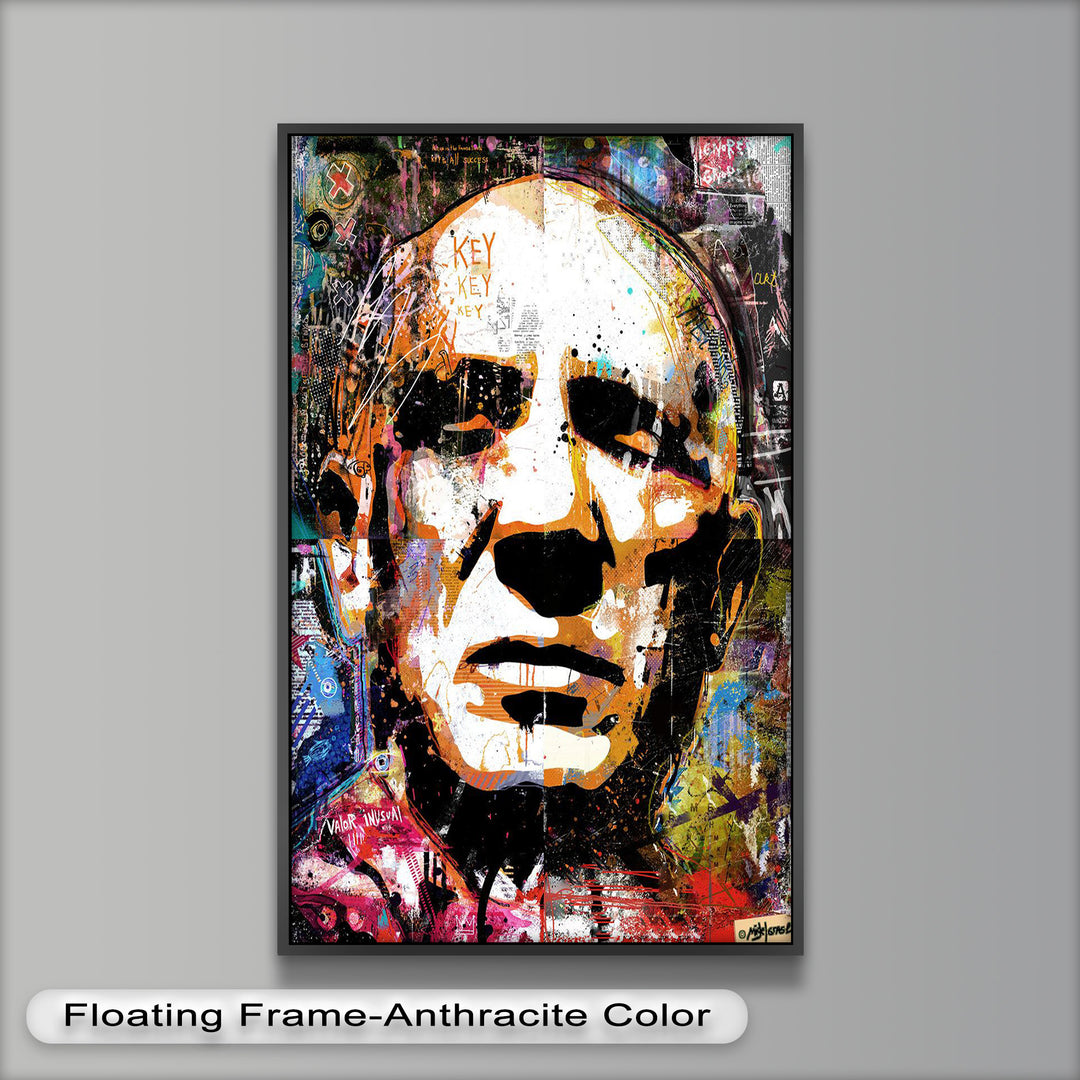 A contemporary graffiti collage showcasing a powerful male visage with fragmented textures, urban symbols, and rebellious energy.