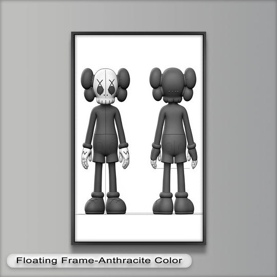Light and shadow accentuate the minimalist design of the Binary Duality KAWS oil painting artwork, highlighting the front and back views in stark monochrome.