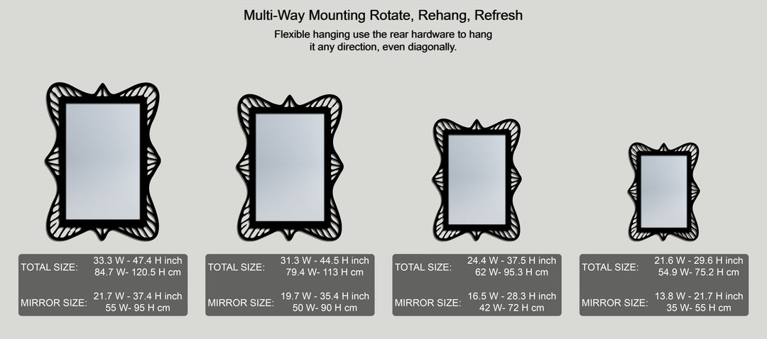 Ornate Wave Frame Metal Wall Art Mirror – Sculpted Black Rectangular Design