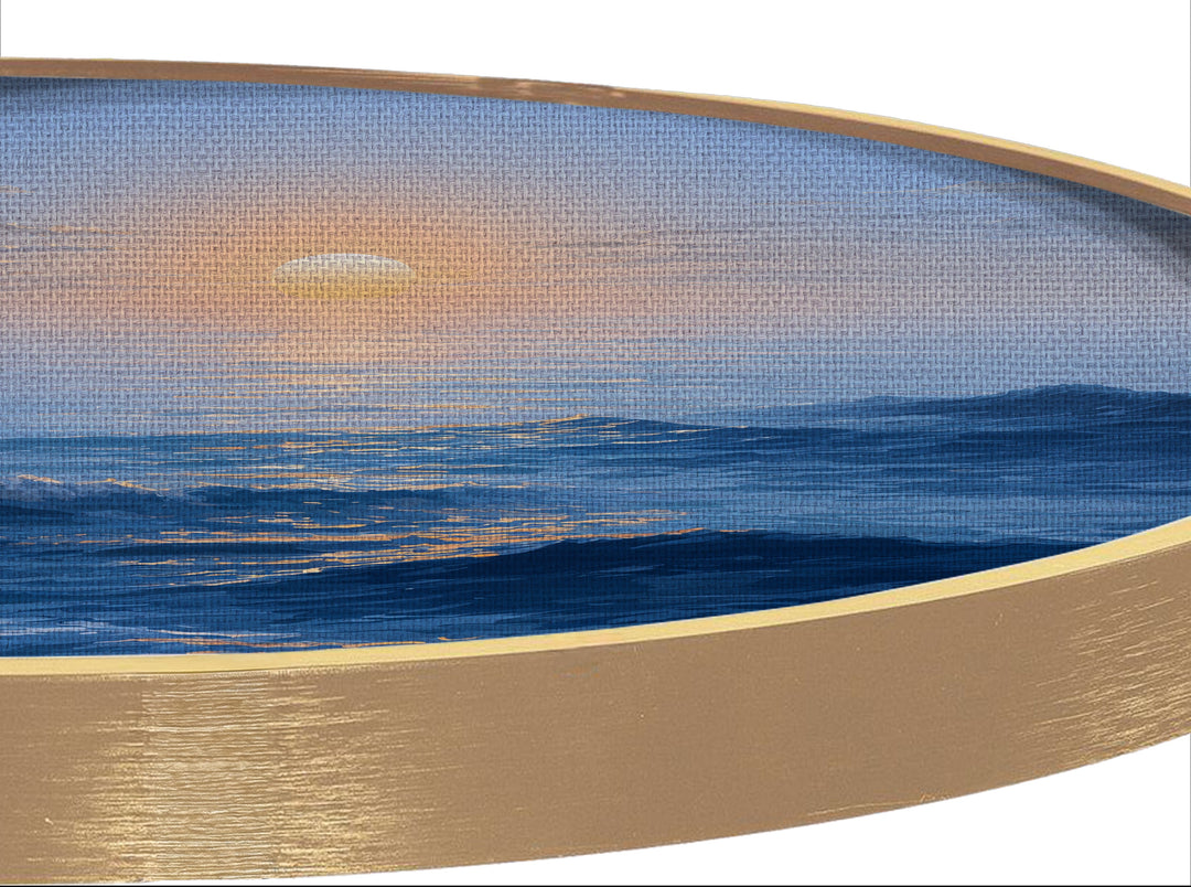 Minimalist Ocean Sunrise Round Canvas Print – Calm Blue Seascape Wall Art
