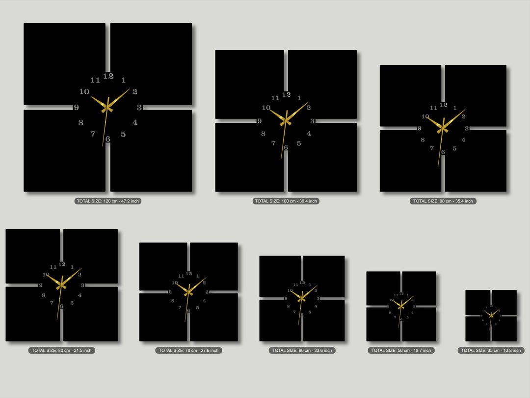 Softly reflected light on the deep black panels defines this decorative metal art, a modern minimal 4-piece wall clock.