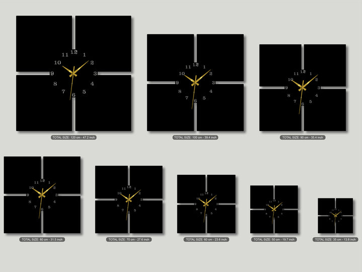 Softly reflected light on the deep black panels defines this decorative metal art, a modern minimal 4-piece wall clock.