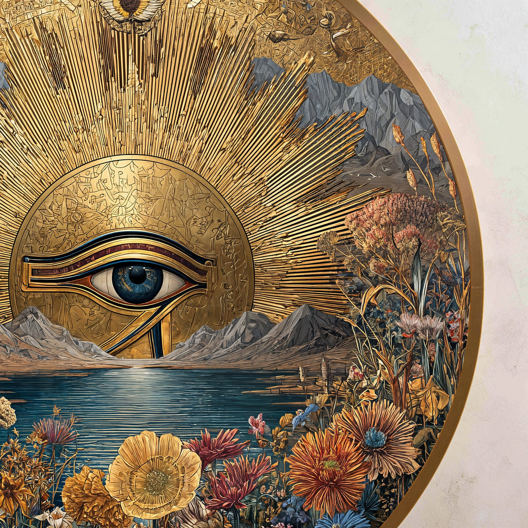 Golden Horizon Eye – Sacred Landscape Round Wooden Oil Painting Wall Art