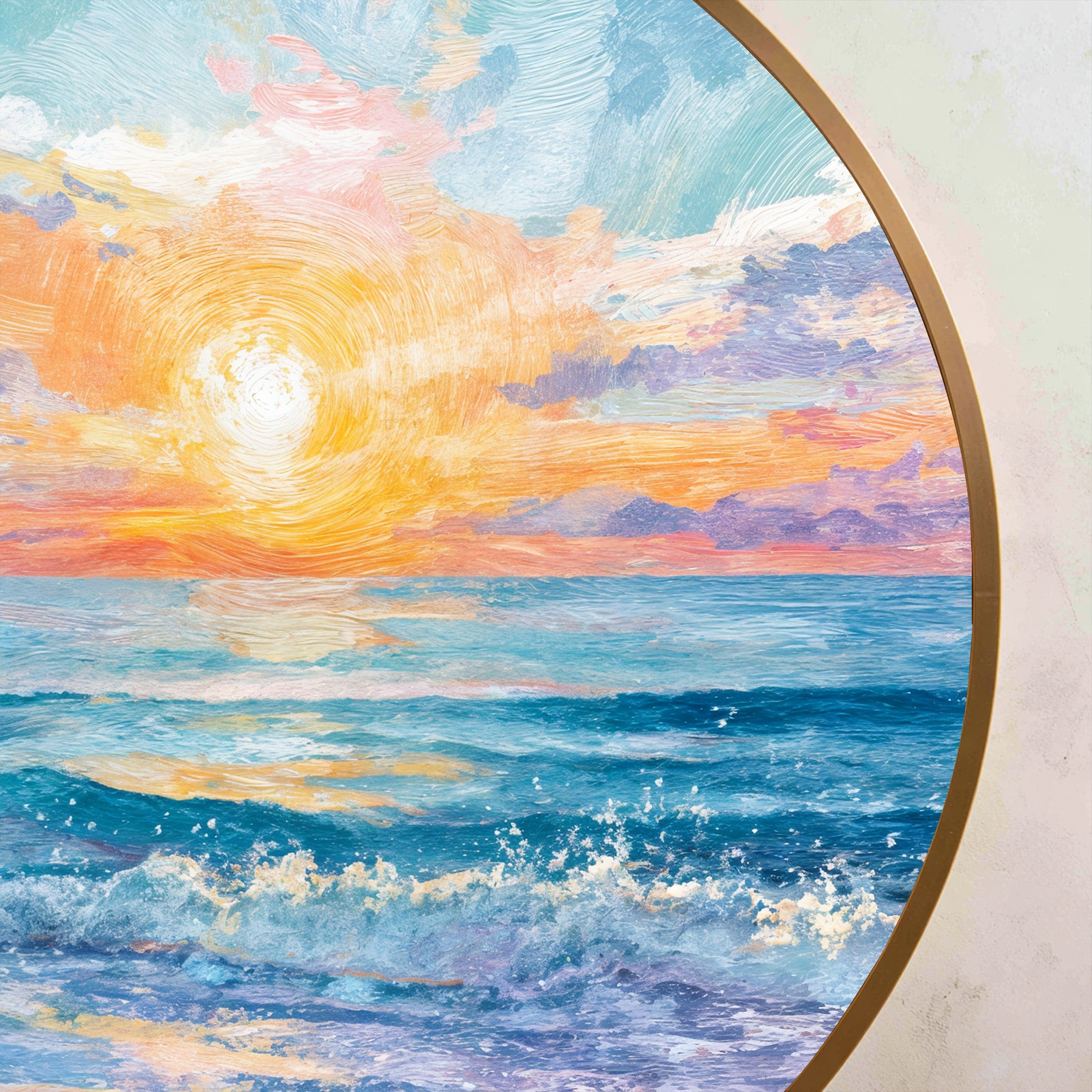 Golden Horizon Seaside Sunrise Round Oil Painting – MyPhotoStation