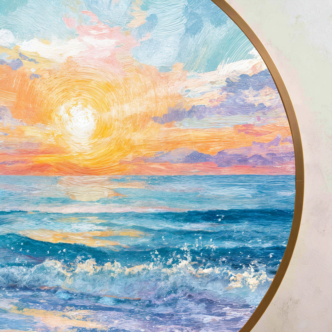 Golden Horizon – Vibrant Seaside Sunrise Round Oil Painting