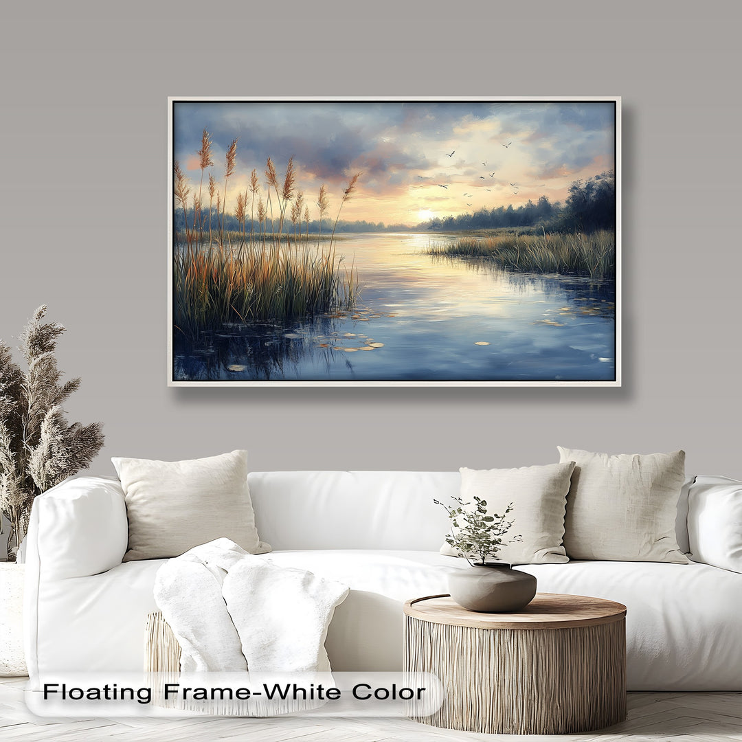 Tranquil riverside painting with golden sunset and birds in flight.
