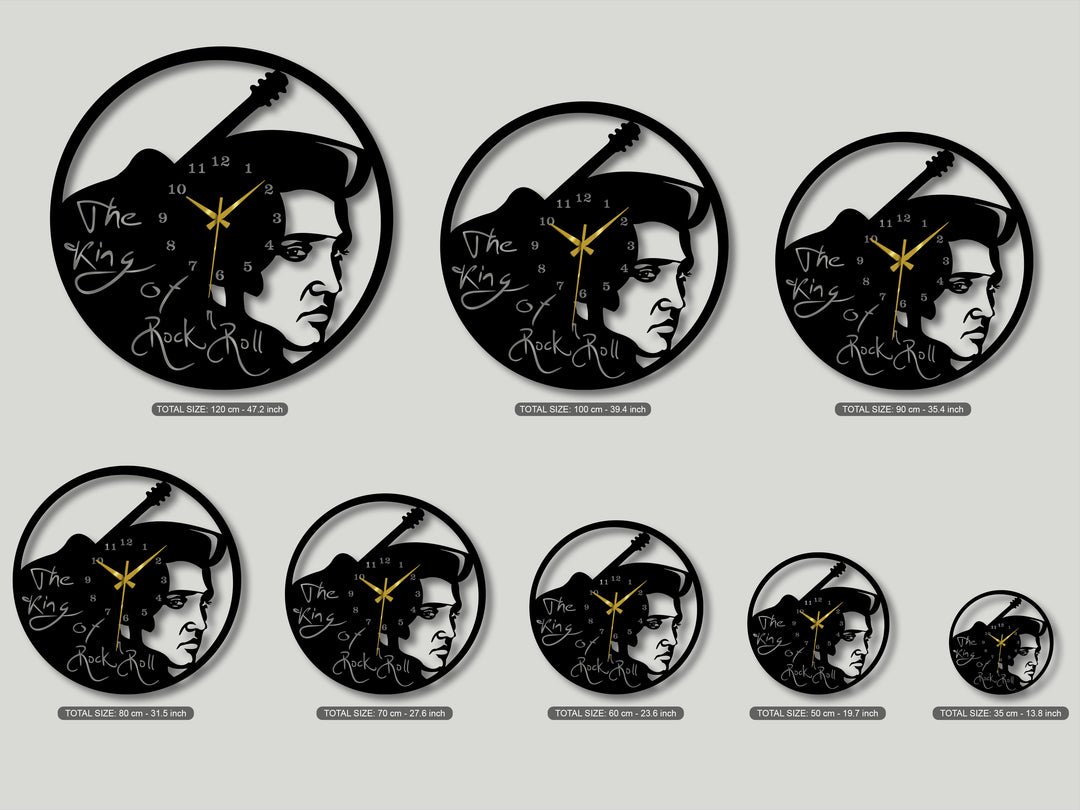 The dimensional metal artwork wall clock showcases an intricate layered effect with an Elvis Presley silhouette over a vintage guitar design.