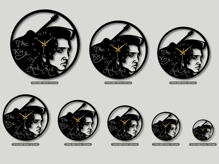 The dimensional metal artwork wall clock showcases an intricate layered effect with an Elvis Presley silhouette over a vintage guitar design.