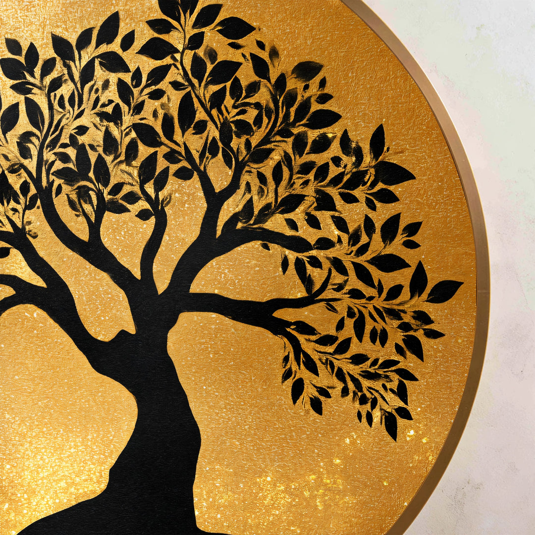 Golden Serenity – Silhouette di albero rotonda Quadro a Olio su legno