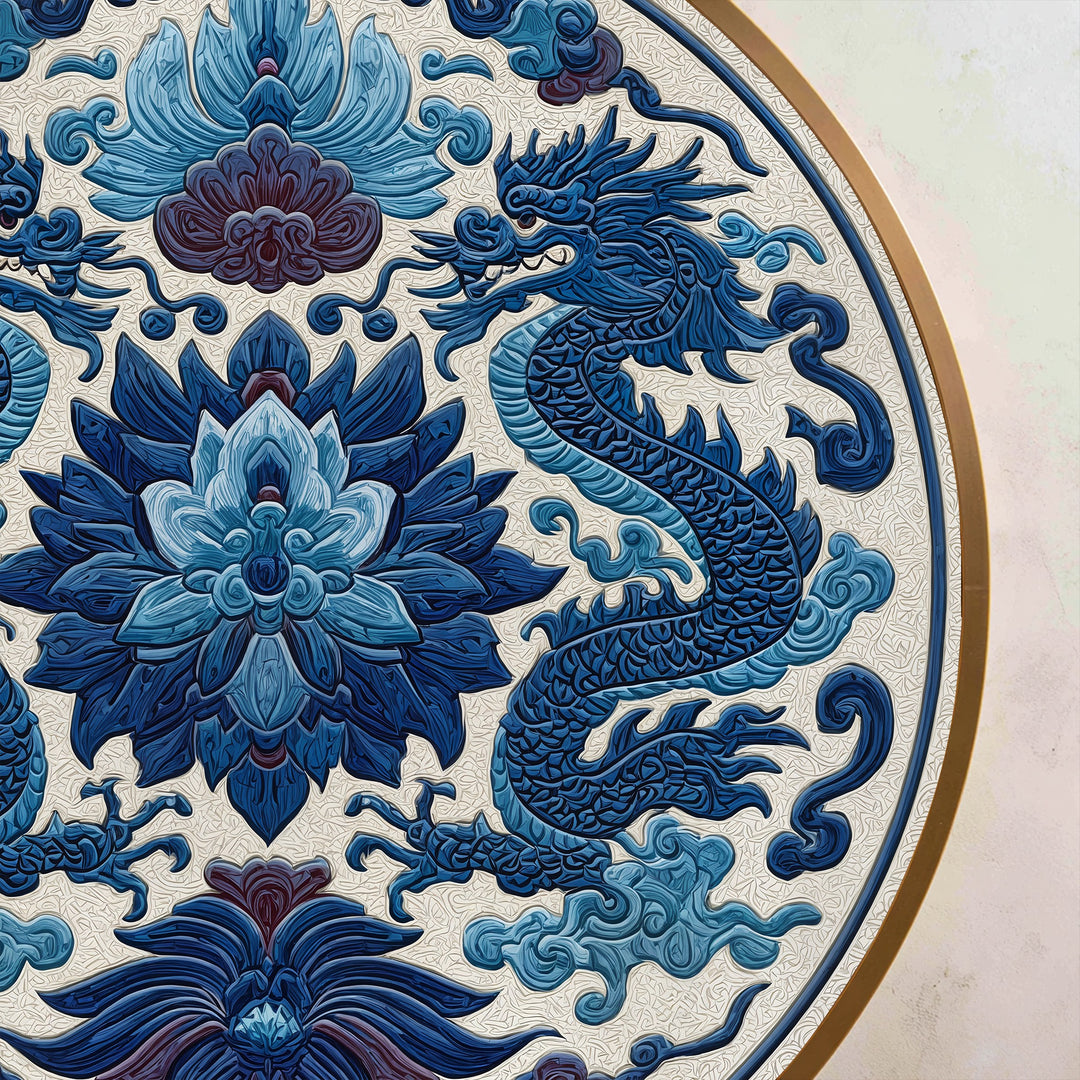 Royal Blue Twin Dragons Round Oil Painting