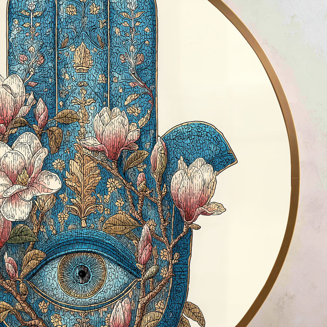 Œil de Hamsa floral–Symbole mystique rond Tableau Peinture à l’huile