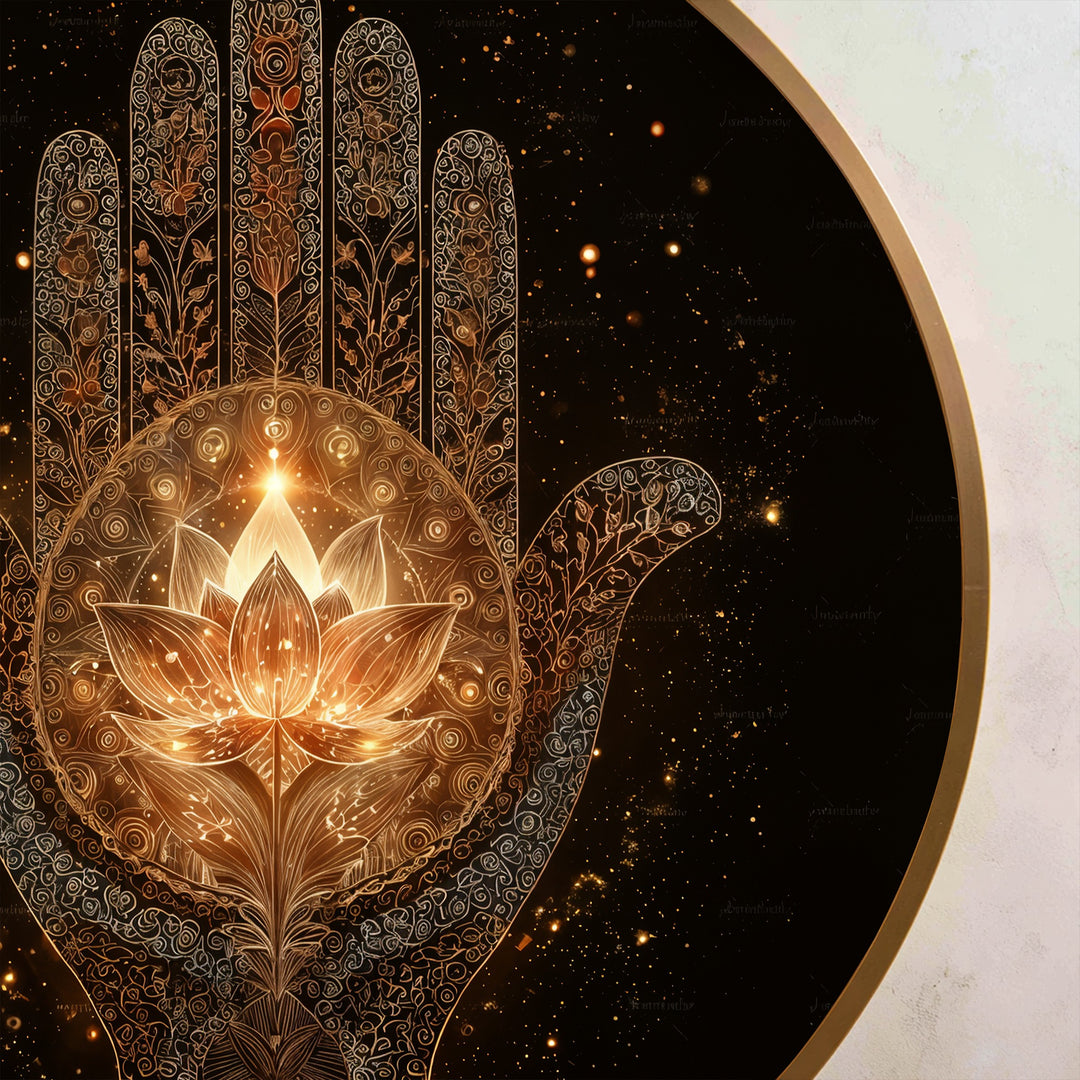 Sacred Illumination – Golden Hamsa Lotus Round Oil Painting