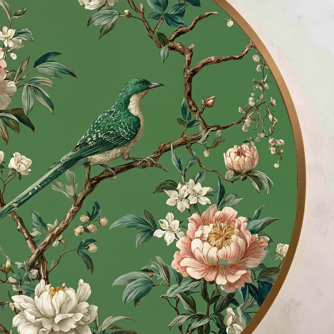 Emerald Songbird Among Blossoms Round Oil Painting
