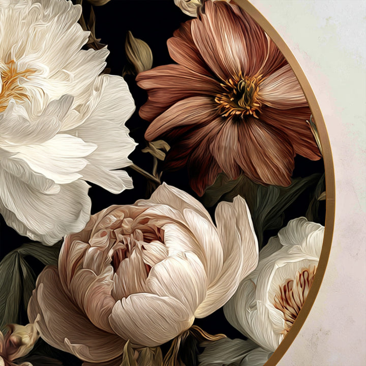 Intense light and shadow define the petals' velvety texture in this floral oil painting wall art, creating depth and elegance within the classic floral arrangement.