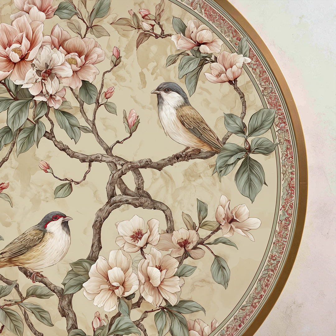 Delicate negative space surrounds the floral round oil painting, highlighting the blossoming branch with songbirds, adding elegant detail to the oil painting home decor.