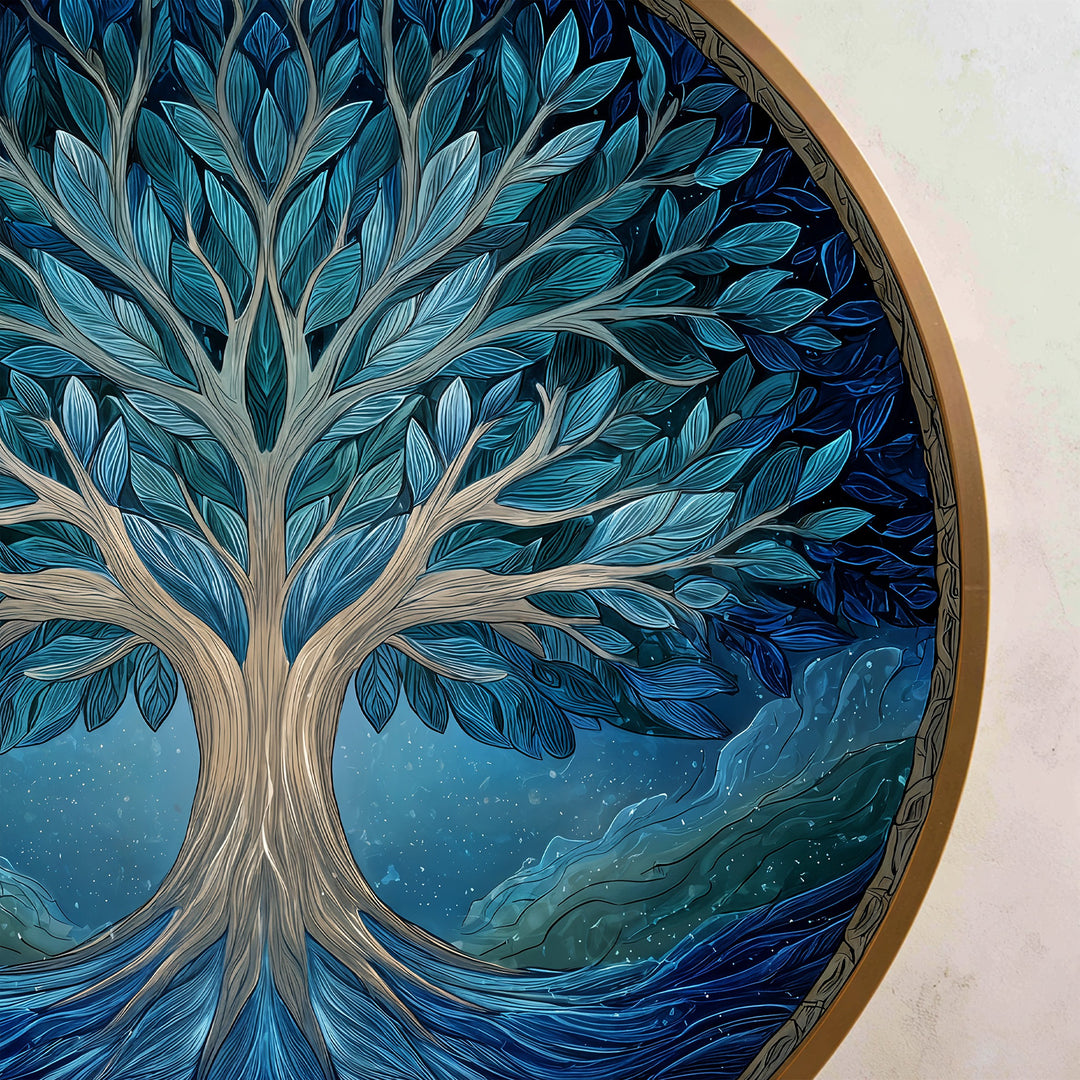 Árbol de la Vida Azul – Redondo de Madera Cuadro al óleo Arte de pared