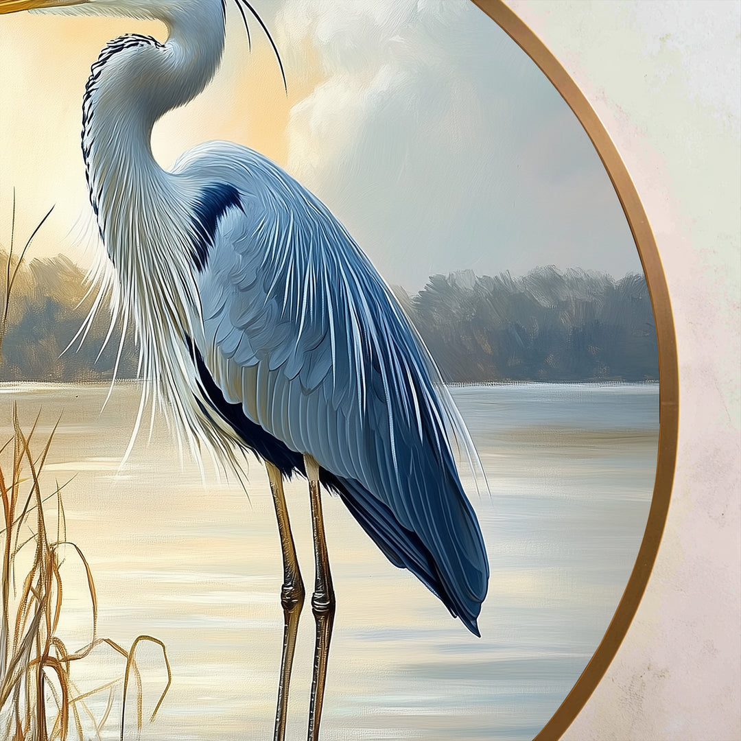 Eaux calmes–Héron majestueux au lever du soleil Tableau Peinture à l’huile