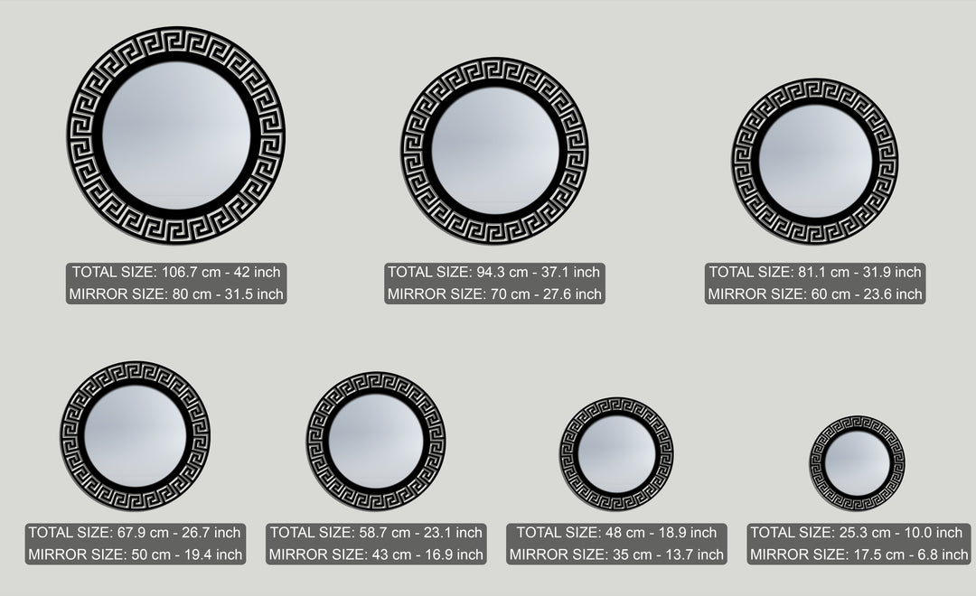 Striking black geometric Greek key frames adorn round mirrors, forming a unique metal wall art collection.